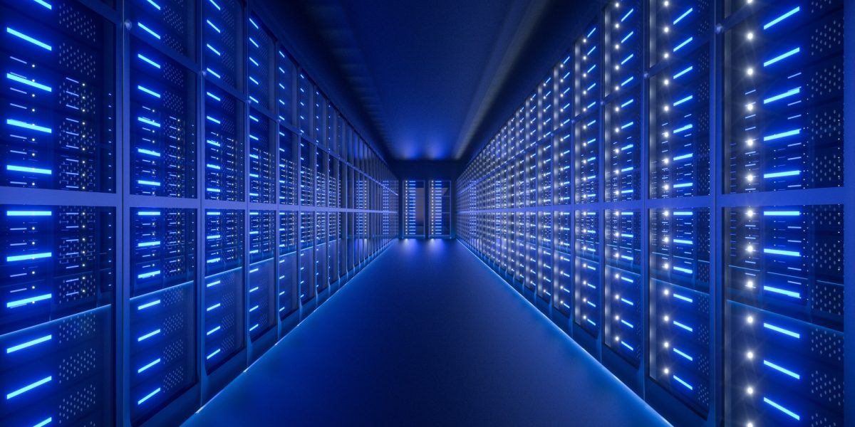 Server room interior in datacenter. 3D Render